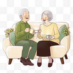感恩节卡通手绘夫妻聊天喝茶元素