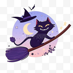 月圆背景图片_卡通万圣节猫魔法扫帚手绘元素