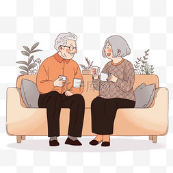喝茶手绘图片_感恩节卡通夫妻聊天喝茶手绘元素