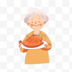 感恩节卡通母亲拿着烧鸡手绘元素