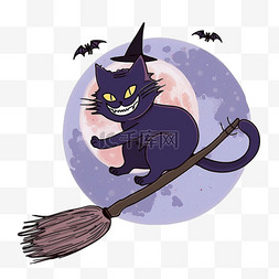 月圆背景图片_万圣节猫魔法扫帚手绘元素卡通