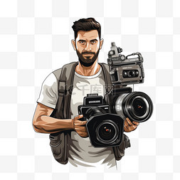一名男子手持相机和摄像机