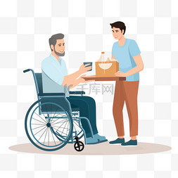 坐轮椅的男子图片_快递员将包裹递给坐在轮椅上的男
