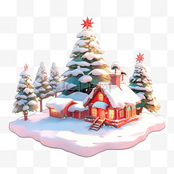 圣诞树礼物盒图片_雪景圣诞树小木屋圣诞节装饰元素