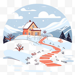 彩绘雪山冬天房屋树木卡通手绘元