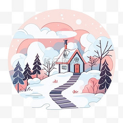 彩绘雪山房屋树木冬天卡通手绘元