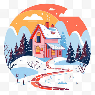 冬天彩绘雪山房屋树木卡通手绘元素