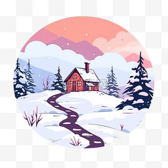 彩绘雪山房屋树木卡通手绘元素冬天