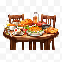 复古餐桌椅组合图片_餐桌上的美食感恩节插画装饰元素