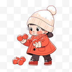 孩子雪地里玩耍图片_冬天手绘元素可爱孩子拿着柿子卡