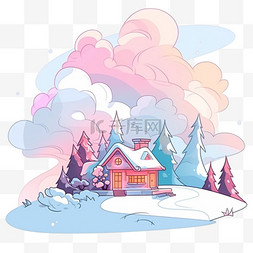 冬天彩绘雪山树木房屋卡通手绘元