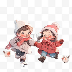 雪地手绘图片_雪地孩子玩耍卡通冬天手绘元素