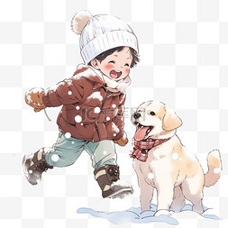 戴帽子卡通小狗图片_孩子雪天玩耍卡通手绘冬天元素