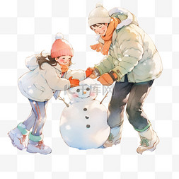 卡通手绘冬天家人堆雪人元素