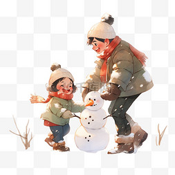 卡通帽子冬天图片_家人堆雪人卡通手绘冬天元素