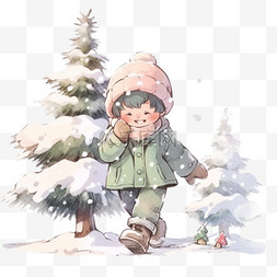 冬天雪地手绘图片_可爱男孩玩雪卡通手绘元素冬天