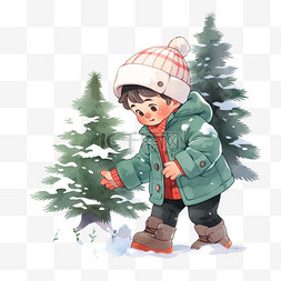 冬天卡通可爱男孩玩雪手绘元素