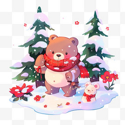 冬天可爱小熊松树雪天手绘元素卡