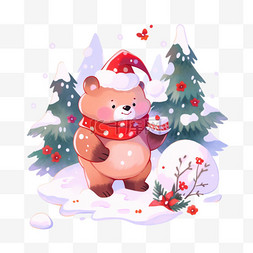 小熊手绘素材图片_冬天可爱小熊雪天松树卡通手绘元