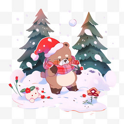冬天可爱小熊松树雪天手绘卡通元