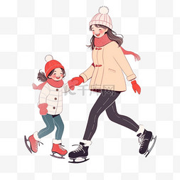 卡通溜冰鞋图片_冬天母女滑冰手绘元素卡通
