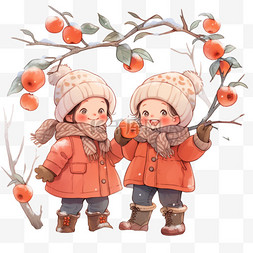 冬天可爱的孩子柿子树卡通手绘元