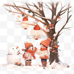 冬天柿子树图片_冬天柿子树下孩子玩耍手绘元素卡