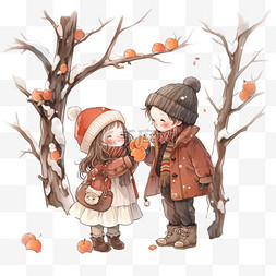 结满了图片_手绘冬天可爱的孩子柿子树卡通元