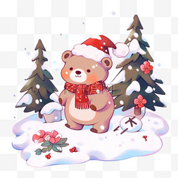 冬天手绘可爱小熊松树雪天卡通元