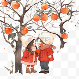 冬天可爱的孩子柿子树卡通元素手
