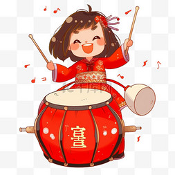 红色打鼓素材图片_迎新年女孩敲鼓手绘元素卡通