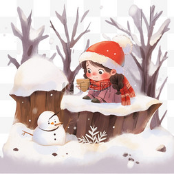 木头背景图片_冬天雪地树木孩子手绘卡通元素