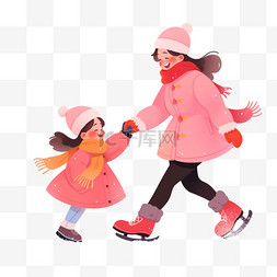 滑冰背景图片_冬天母女手绘元素滑冰卡通