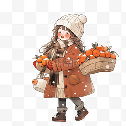 女孩拎着柿子卡通冬天手绘元素