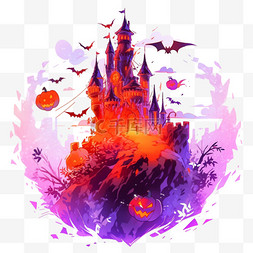 紫色手绘城堡图片_万圣节手绘城堡霓虹光卡通元素