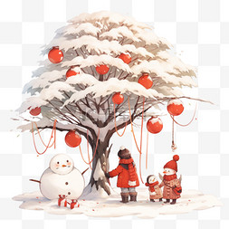 树上木瓜树上图片_冬天柿子树下孩子玩耍手绘卡通元