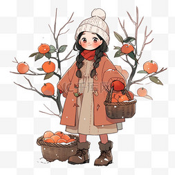 女孩拎着柿子卡通手绘冬天元素