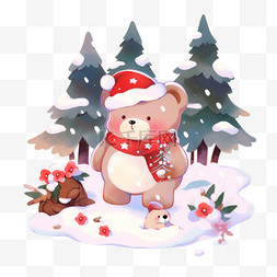 冬天卡通可爱小熊松树雪天手绘元