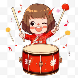 红色打鼓素材图片_迎新年女孩敲鼓手绘卡通元素