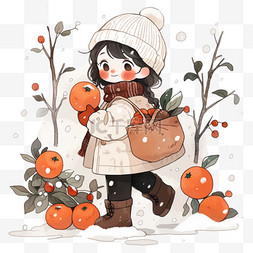 冬天手绘元素女孩拎着柿子卡通