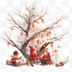 柿子树下孩子玩耍卡通手绘冬天元