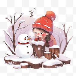 冬天孩子雪地树木卡通手绘元素