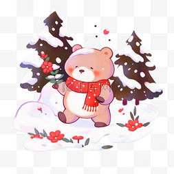 冬天可爱小熊松树手绘雪天卡通元