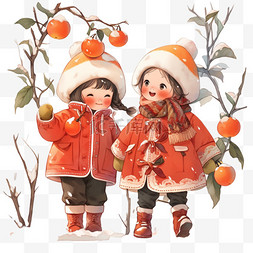 一层一图片_冬天手绘元素可爱的孩子柿子树卡