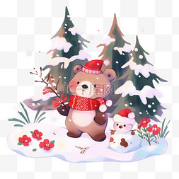 冬天可爱小熊松树雪天卡通元素手