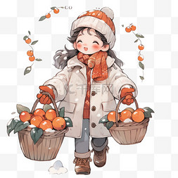 冬天女孩手绘元素拎着柿子卡通