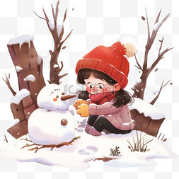 雪地小女孩图片_冬天卡通雪地树木孩子手绘元素