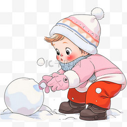卡通冬天可爱孩子滚雪球手绘元素