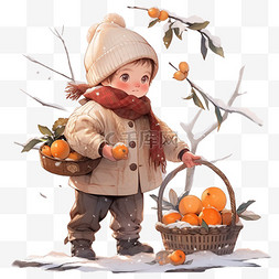 冬天男孩拎着柿子卡通手绘元素
