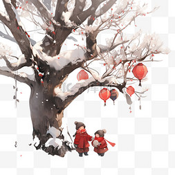 一层一图片_冬天柿子树下孩子玩耍手绘卡通元